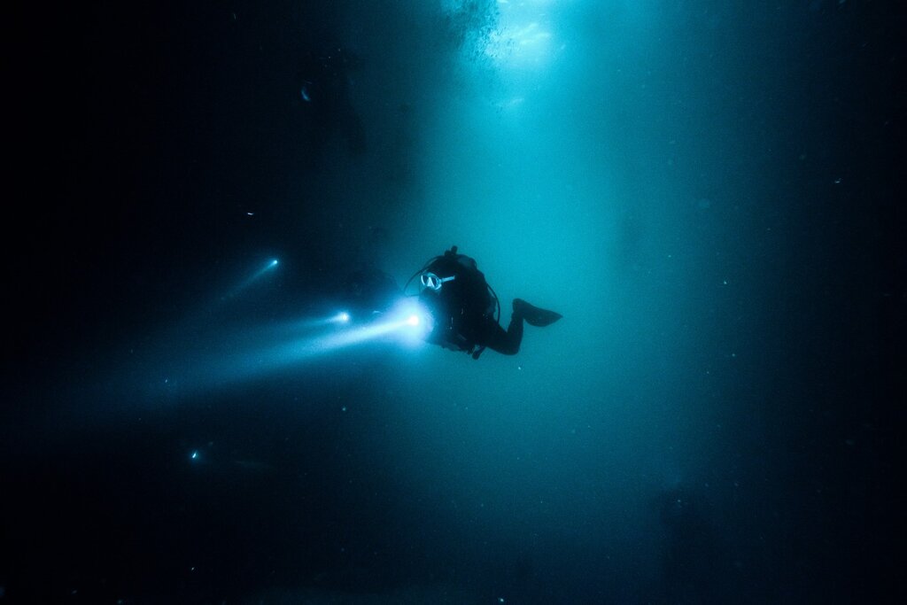 Buceadores y sus linternas durante una inmersión de buceo nocturno